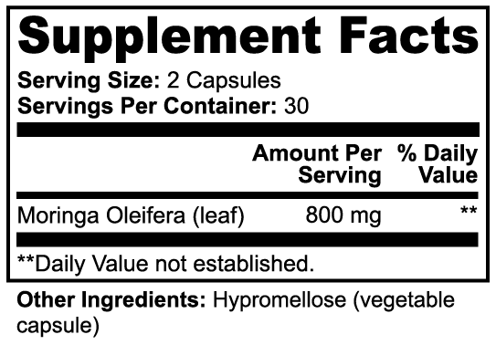 Supplement facts for Moringa Pure displaying serving size and ingredients.