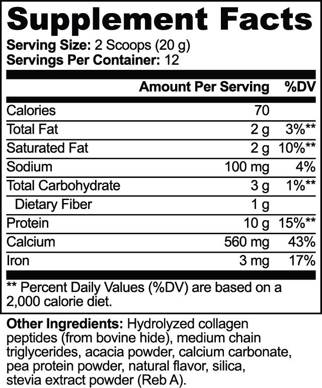 Supplement facts label for Grass-Fed Collagen Creamer Vanilla, showing nutritional information and serving sizes.