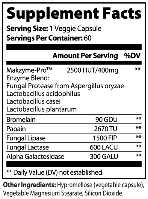 Supplement facts for Digestive Enzyme Pro Blend, including ingredients and dosages in each veggie capsule.