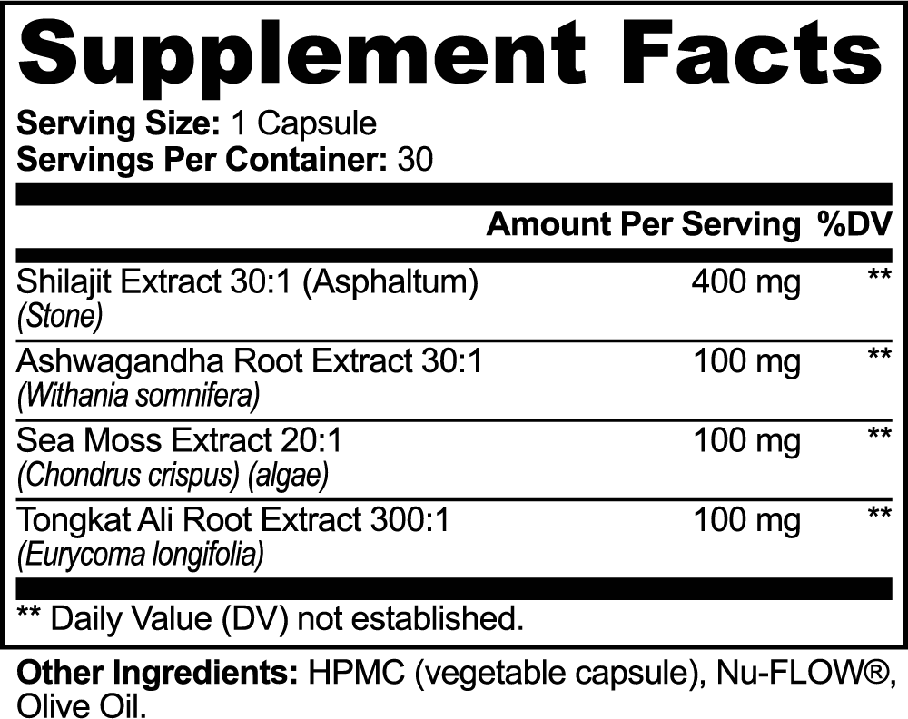 Supplement facts for Shilajit Adaptogen Complex showing key ingredients and their amounts per serving.