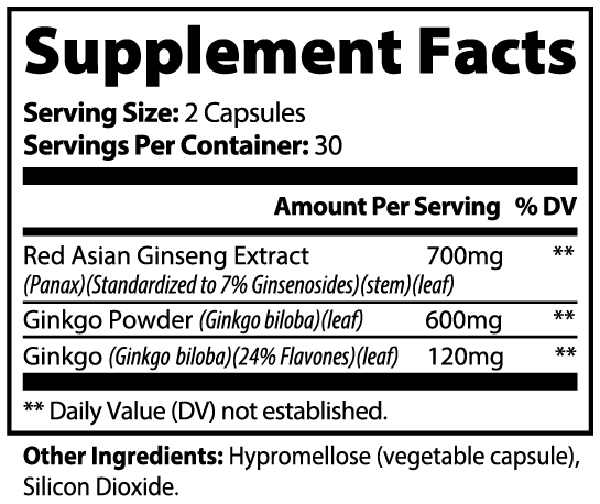 Supplement facts for Ginkgo Biloba + Ginseng supplement, including ingredients and serving information.