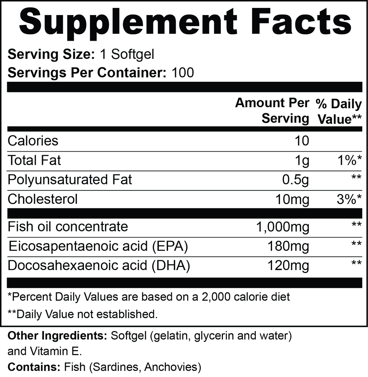 Supplement facts for Omega-3 EPA 180mg + DHA 120mg dietary supplement.