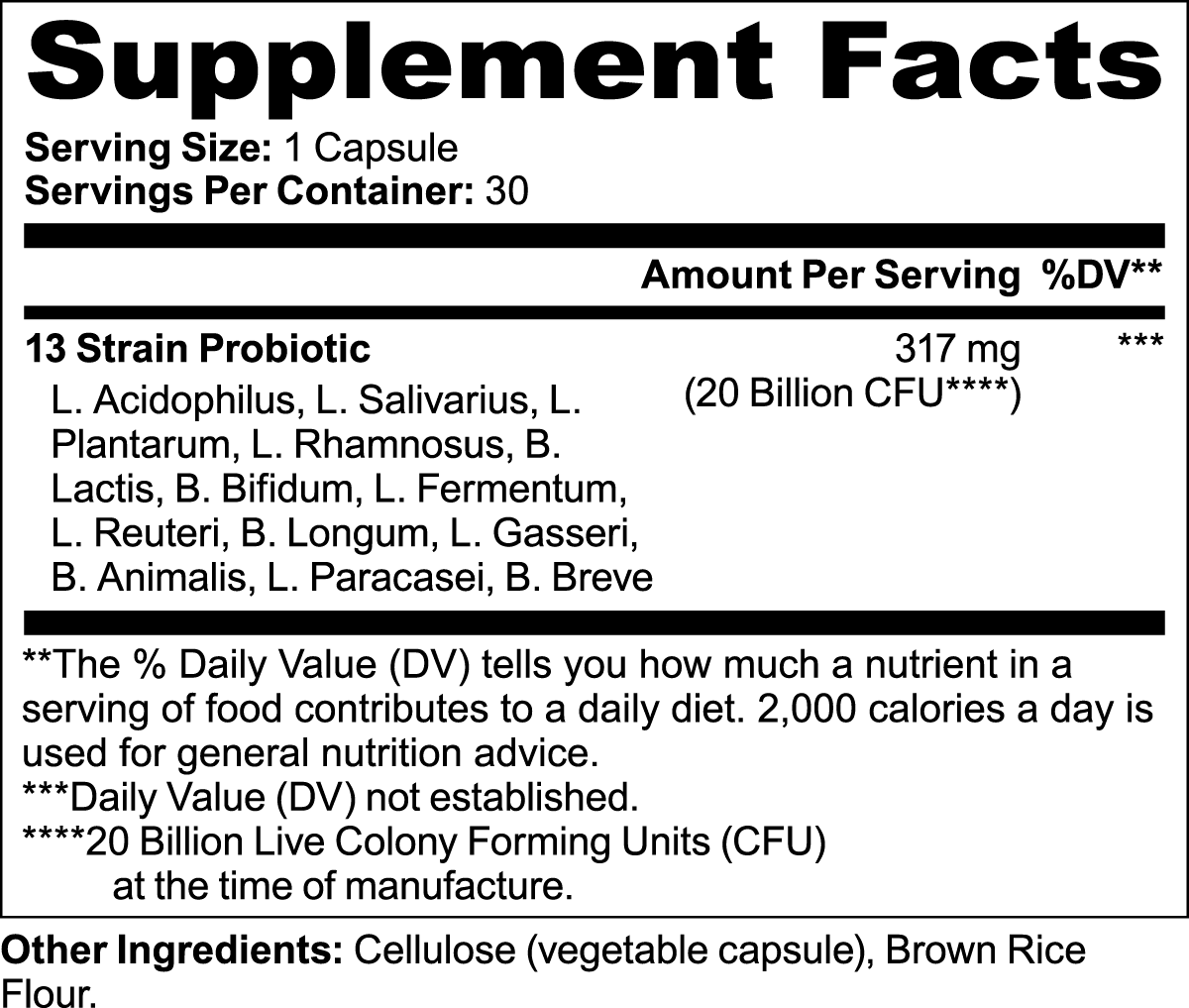Supplement facts for Probiotic 20 Billion showing 13 strain probiotic ingredients and serving size.