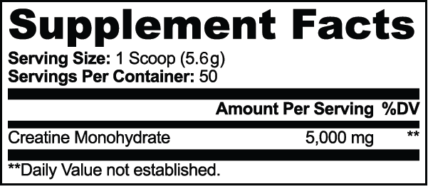 Supplement facts for Creatine Monohydrate showing 5,000 mg per serving in 50 servings.