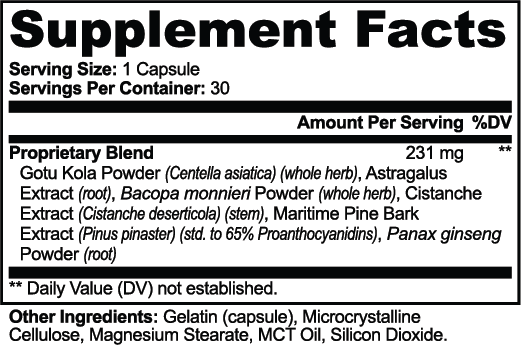 Gotu Kola & Bacopa Clarity Complex Supplement Facts label featuring herbal ingredients and nutritional information.