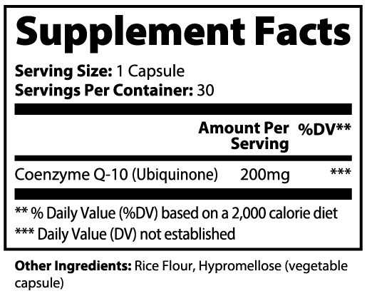Supplement Facts for CoQ10 Ubiquinone capsules, including serving size and ingredient details.