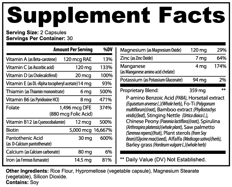 Supplement facts for Hair Skin and Nails Essentials capsules, detailing vitamins, minerals, and extracts for beauty support.