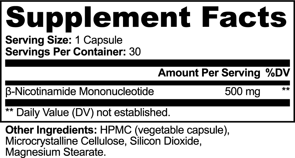 NMN supplement facts highlighting 500 mg of ß-Nicotinamide Mononucleotide per capsule.