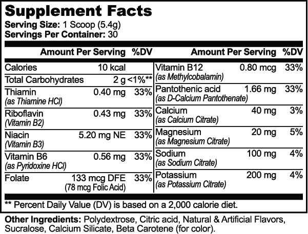 Supplement facts for Hydration Powder Lemonade, showing nutrients like electrolytes and B-vitamins for hydration support.