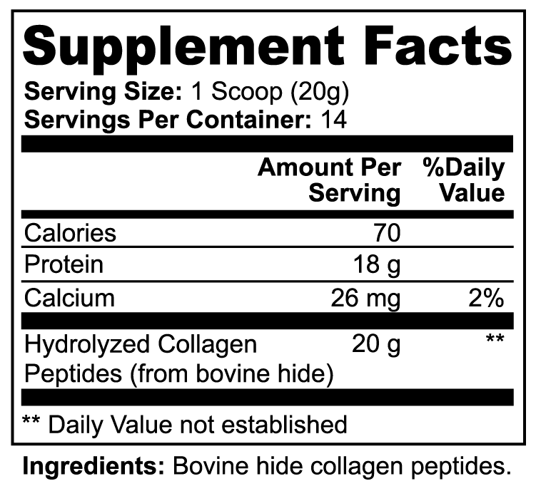Supplement facts label for Grass-Fed Hydrolyzed Collagen Peptides powder, showing nutritional values and ingredients.