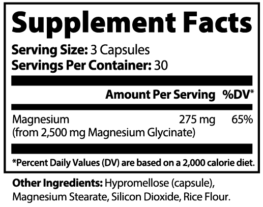 Supplement facts for Magnesium Glycinate capsules detailing serving size and ingredients.
