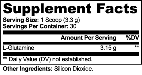 Supplement facts for L-Glutamine showing serving size and amount per serving.