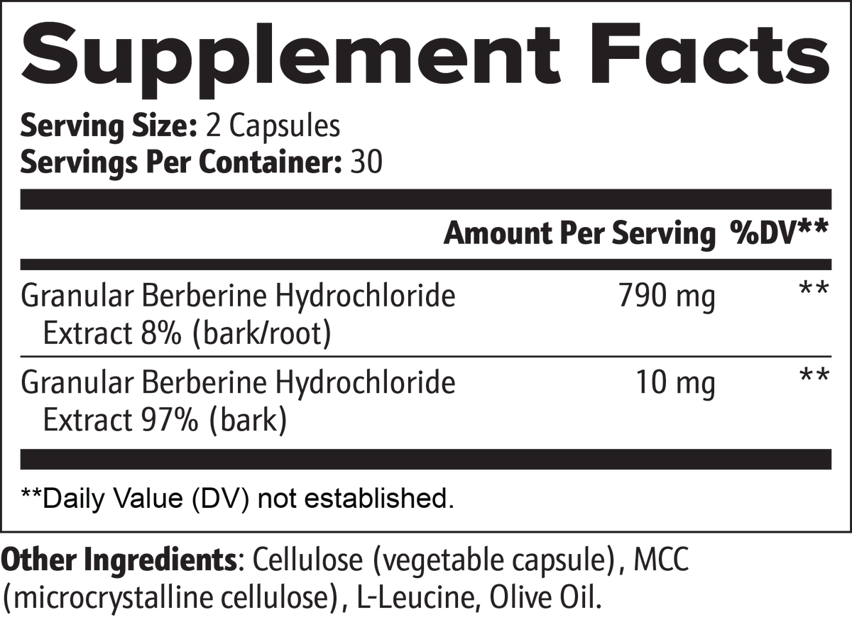 Supplement facts for Berberine capsules detailing ingredients and serving size.