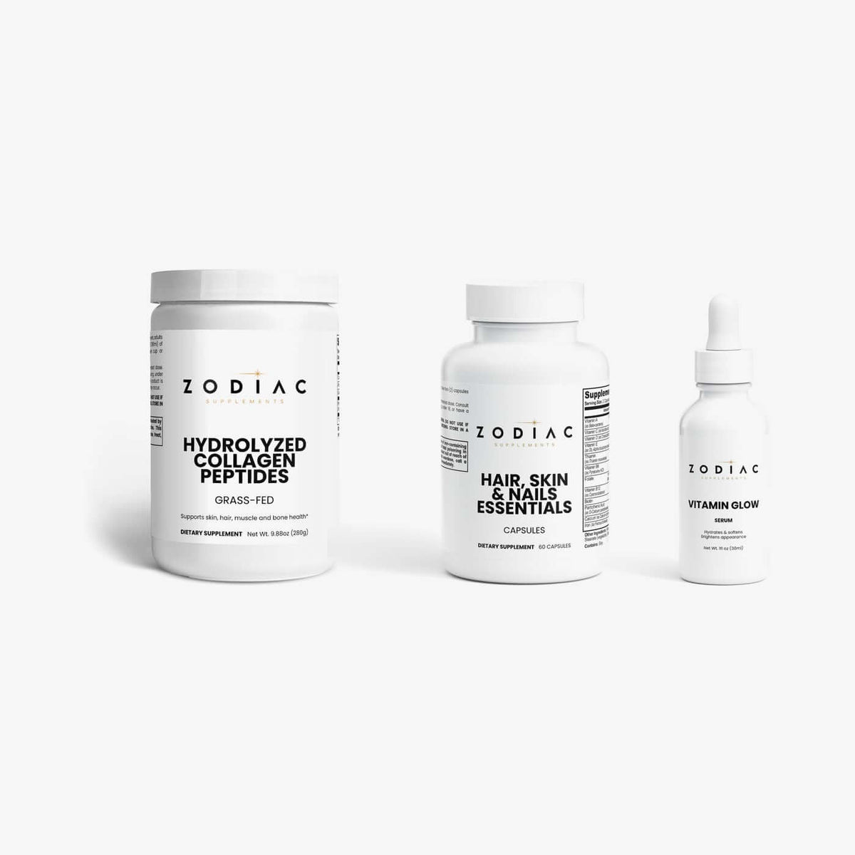 Zodiac Beauty From Within Stack: Grass-Fed Hydrolyzed Collagen Peptides, Hair, Skin and Nails Essentials, Vitamin Glow Serum