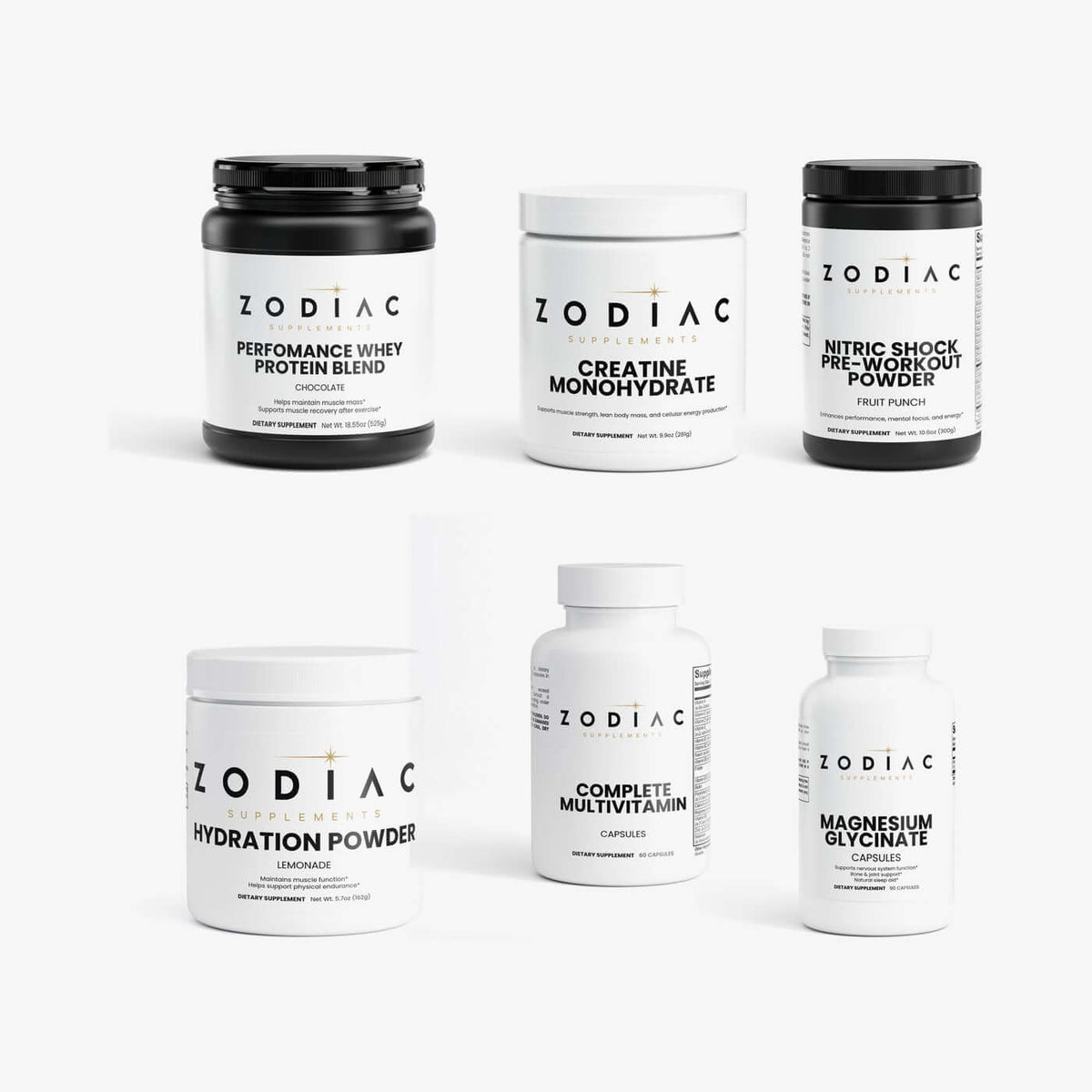 Zodiac Complete Stack: Performance Whey Protein Blend (Chocolate), Creatine Monohydrate, Nitric Shock Pre-Workout Powder (Fruit Punch), Hydration Powder (Lemonade), Complete Multivitamin, Magnesium Glycinate