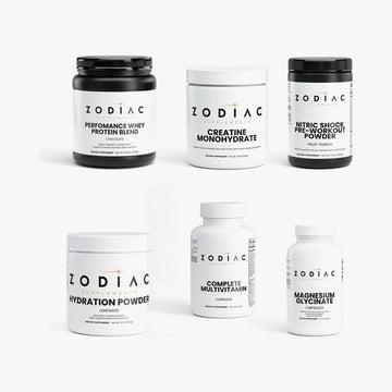 Zodiac Complete Stack: Performance Whey Protein Blend (Chocolate), Creatine Monohydrate, Nitric Shock Pre-Workout Powder (Fruit Punch), Hydration Powder (Lemonade), Complete Multivitamin, Magnesium Glycinate