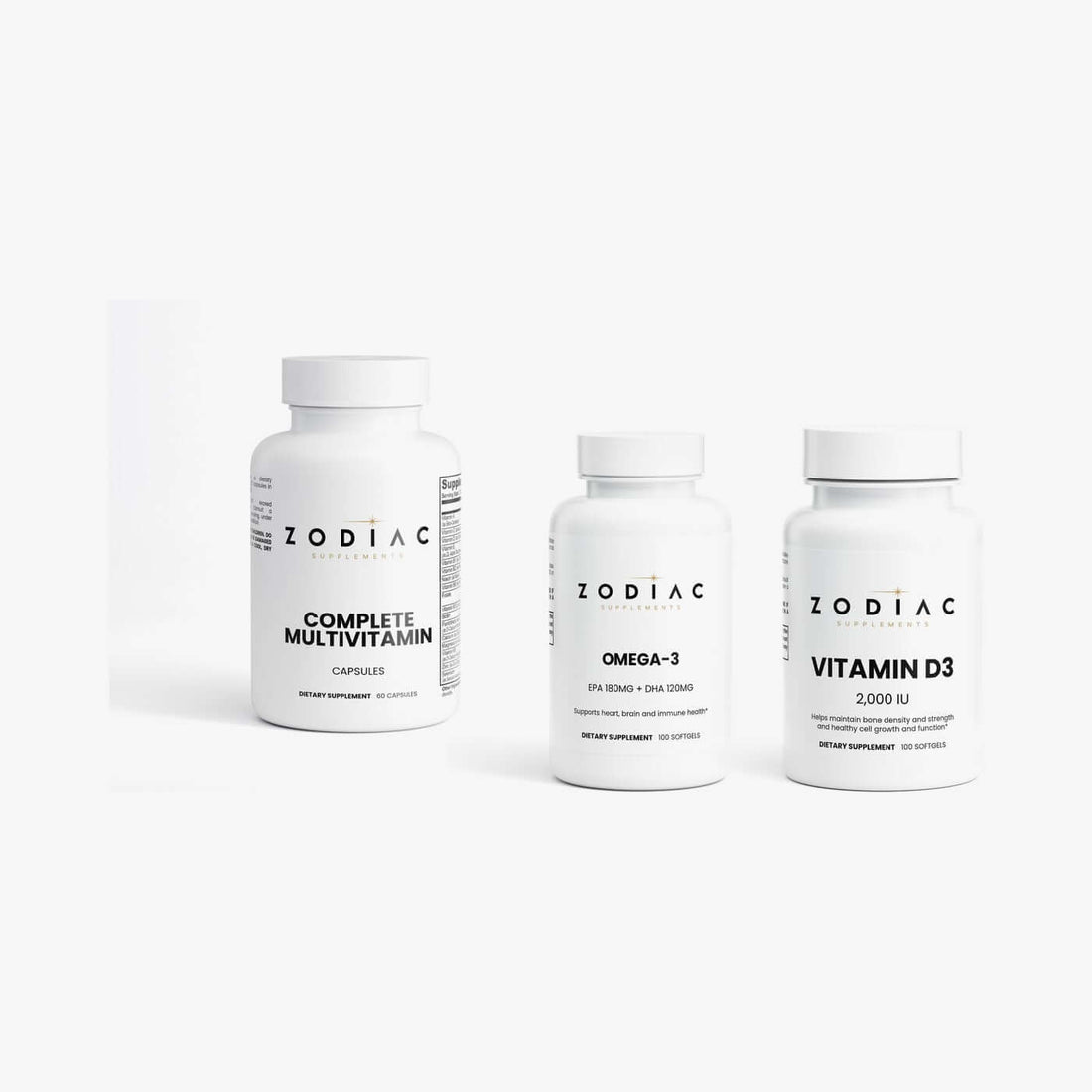 Zodiac Daily Essentials Stack: Complete Multivitamin, Omega-3 EPA 180mg + DHA 120mg, Vitamin D3 2,000 IU