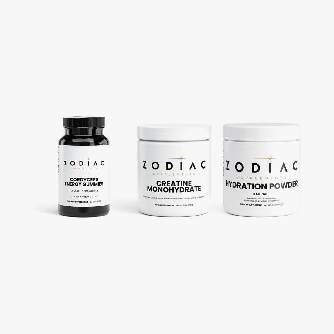 Zodiac Energy & Performance Stack: Cordyceps Energy Gummies, Creatine Monohydrate, Hydration Powder (Lemonade)