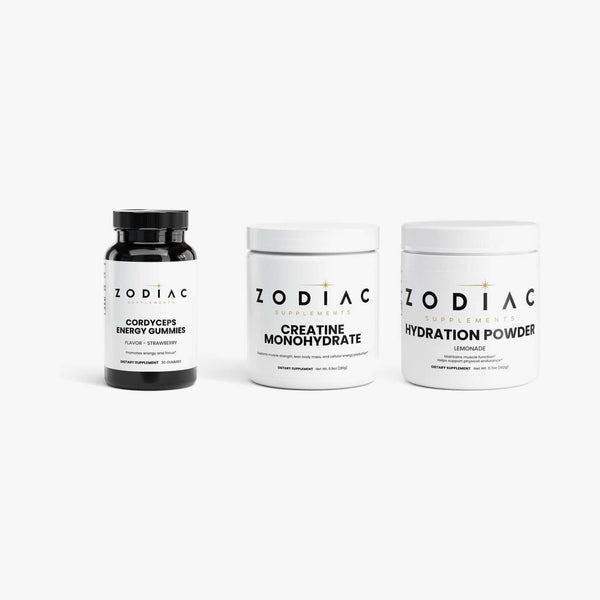 Zodiac Energy & Performance Stack: Cordyceps Energy Gummies, Creatine Monohydrate, Hydration Powder (Lemonade)