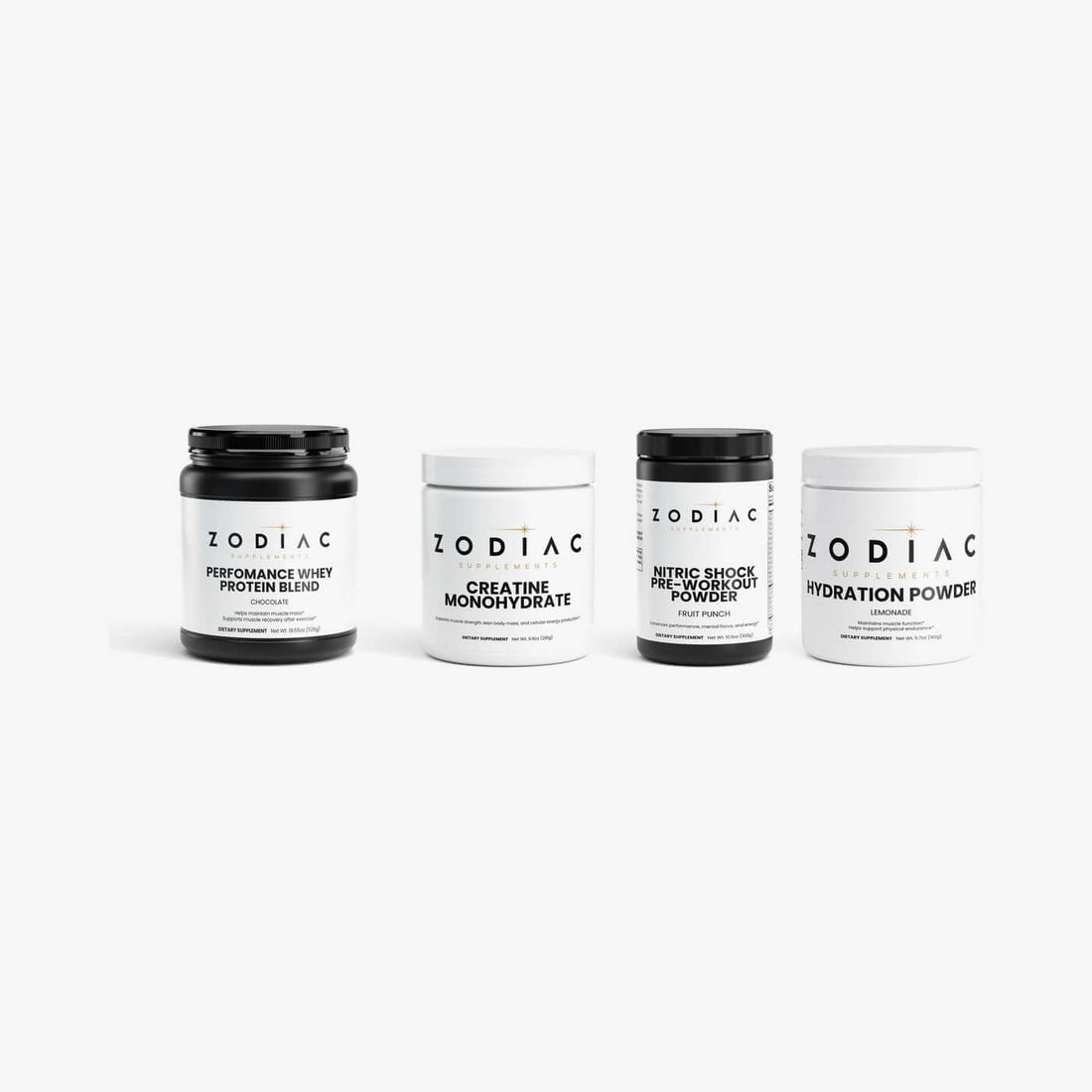 Zodiac Performance Stack: Performance Whey Protein Blend (Chocolate), Creatine Monohydrate, Nitric Shock Pre-Workout Powder (Fruit Punch), Hydration Powder (Lemonade)