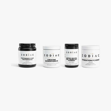 Zodiac Performance Stack: Performance Whey Protein Blend (Chocolate), Creatine Monohydrate, Nitric Shock Pre-Workout Powder (Fruit Punch), Hydration Powder (Lemonade)