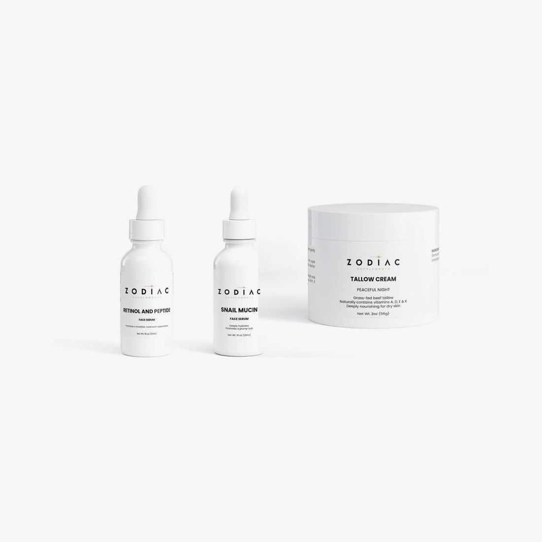 Zodiac Skincare Ritual: Retinol and Peptide Face Serum, Snail Mucin Face Serum, Tallow Cream Peaceful Night
